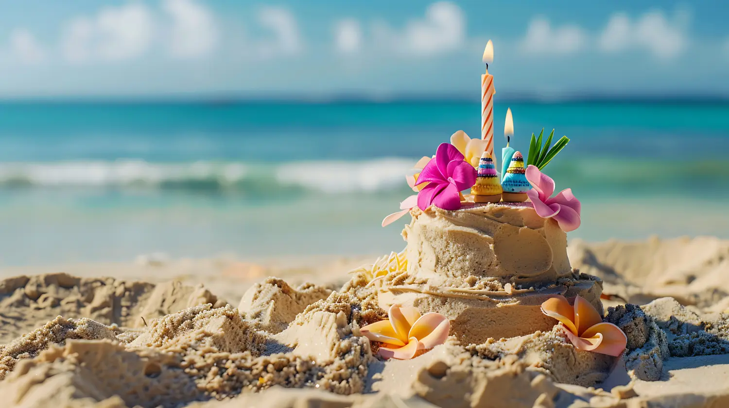 BabyBeach Wachenheim- eine Torte aus Sand am Strand und mit Blumen verziert